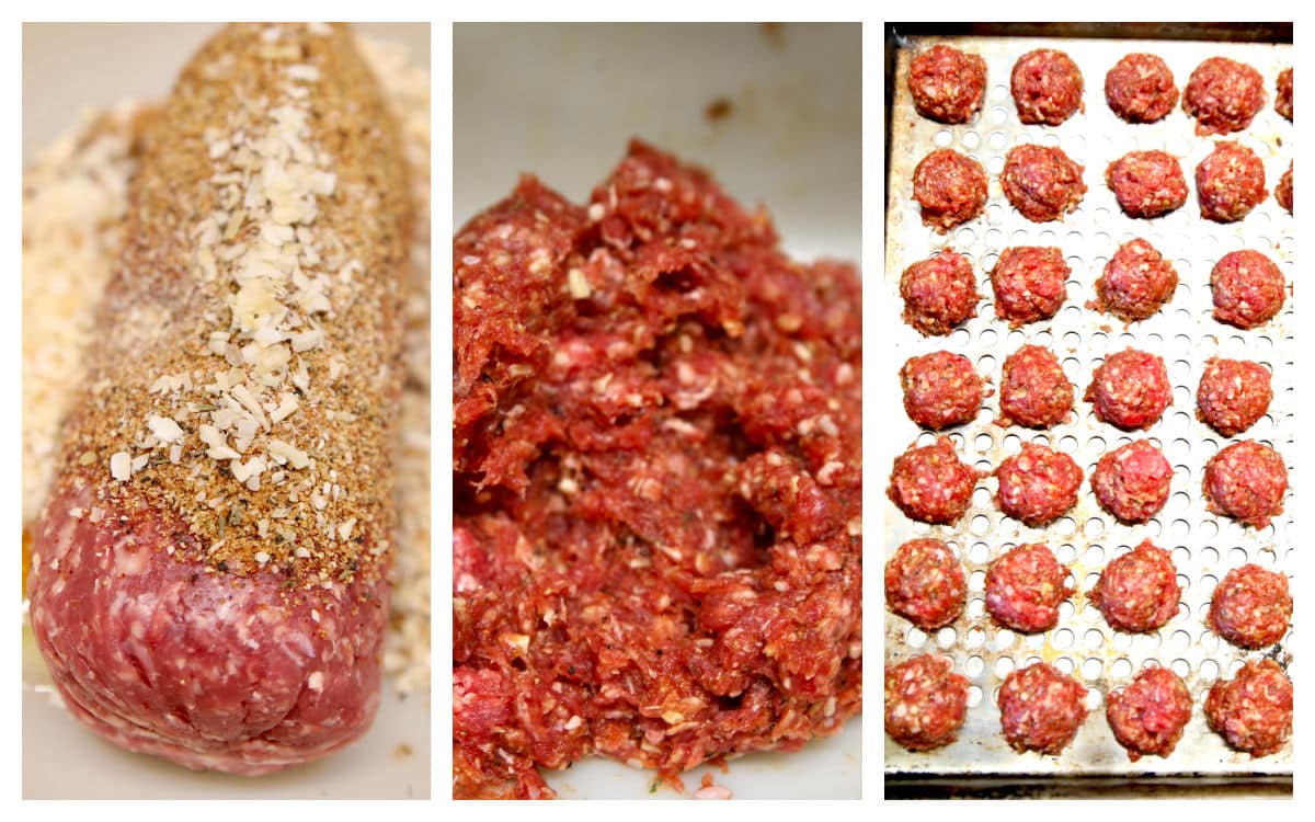 Collage mixing ground beef with seasonings for meatballs, on a grill pan. 
