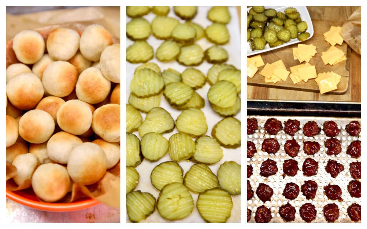 Collage: bread bites, sliced pickles, mini burger patties, cheese.
