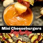 Mini cheeseburgers collage: dipping in sauce/on a platter.