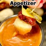 Mini Cheeseburger appetizer on a stick - text overlay.
