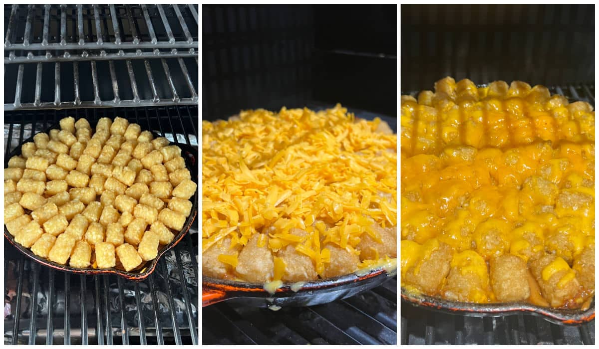 Collage cooking tater tot casserole on a pellet grill.
