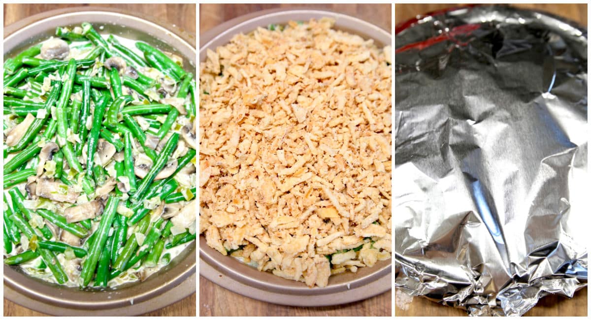 Collage of green bean casserole, topped with onions, aluminum foil.