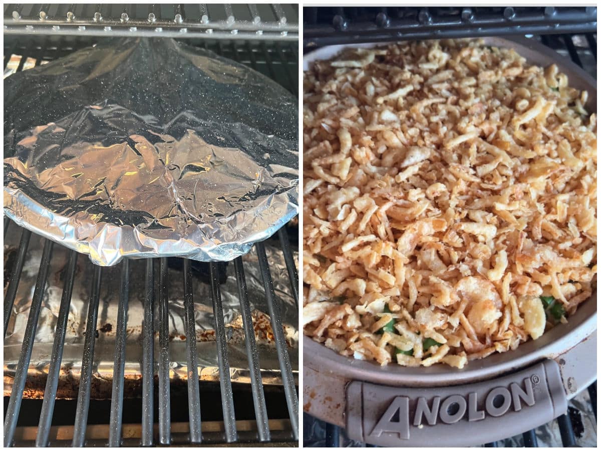 Collage grilling green bean casserole on pellet grill.