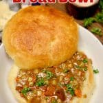 Beef stew in bread bowl- text overlay.