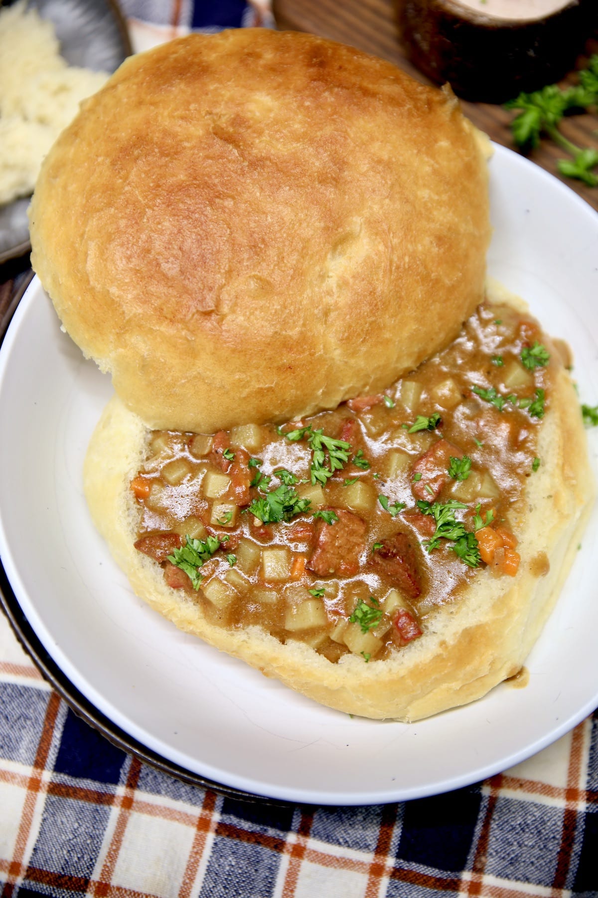 Bread bowl with beef stew.