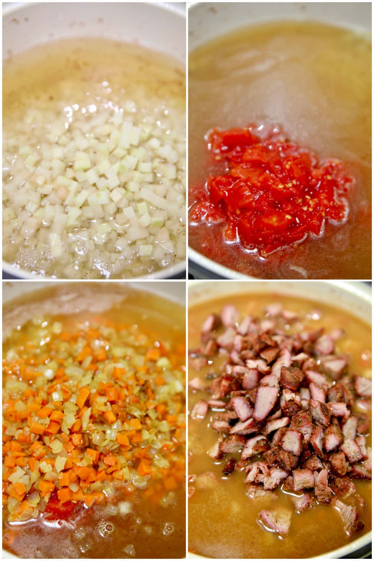 Collage: making beef stew with potatoes, vegetables.