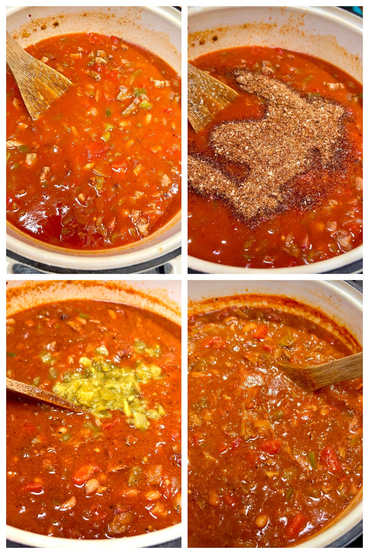 Collage making chili, adding seasonings, green chiles.