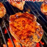Honey chipotle pork chops on a grill - text overlay.