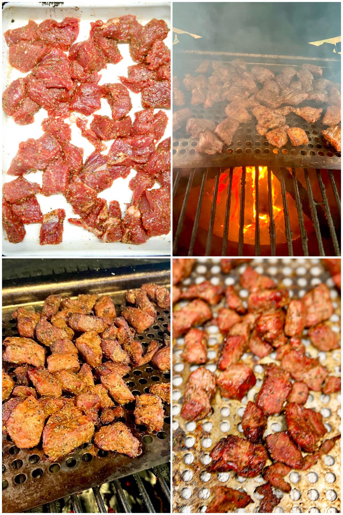 Collage: beef stew meat, seasoning, cooking on a grill.