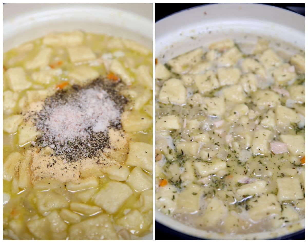 Collage: Adding seasonings to chicken and dumplings/mixed.