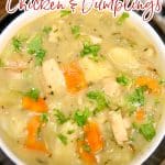 Smoked chicken and dumplings in a bowl - text overlay.