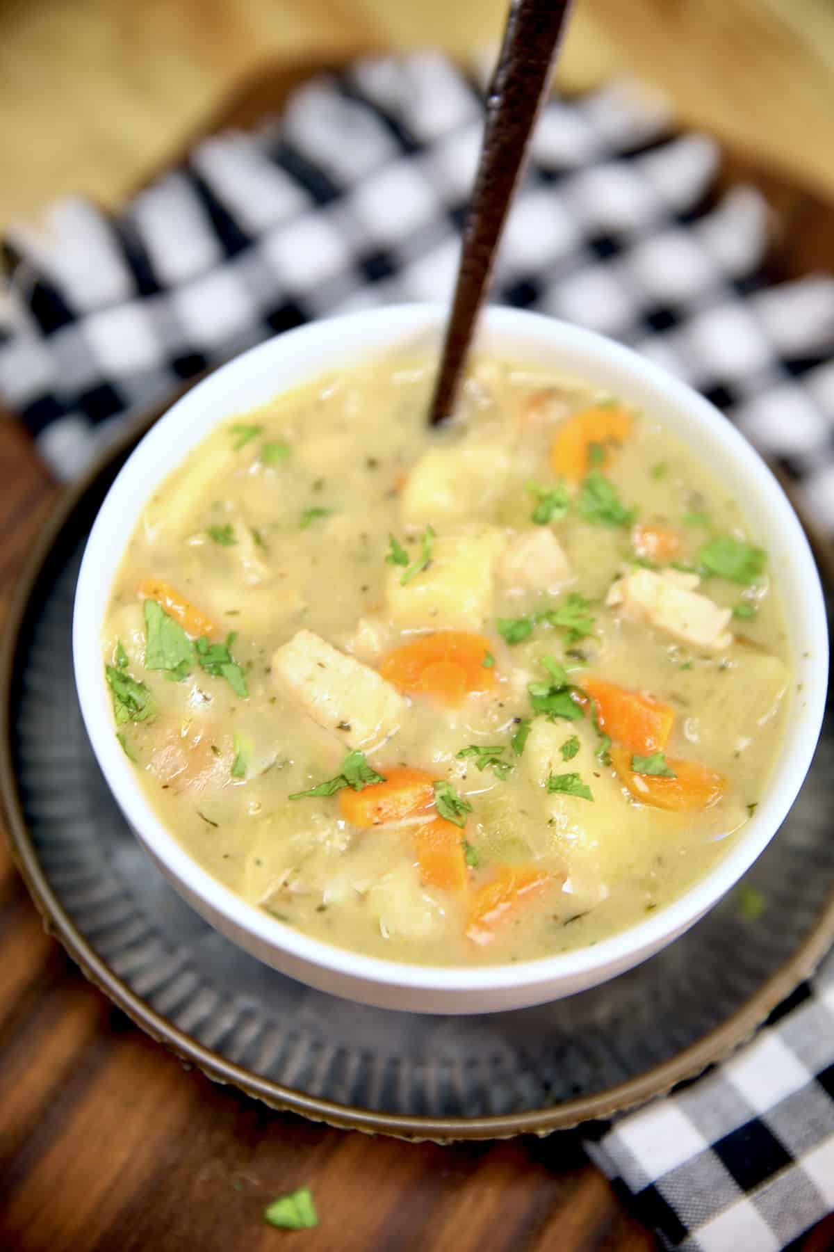 Bowl of chicken and dumplings with a spoon.