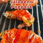 Barbecue bacon wrapped jalapeno poppers on a grill - text overlay.