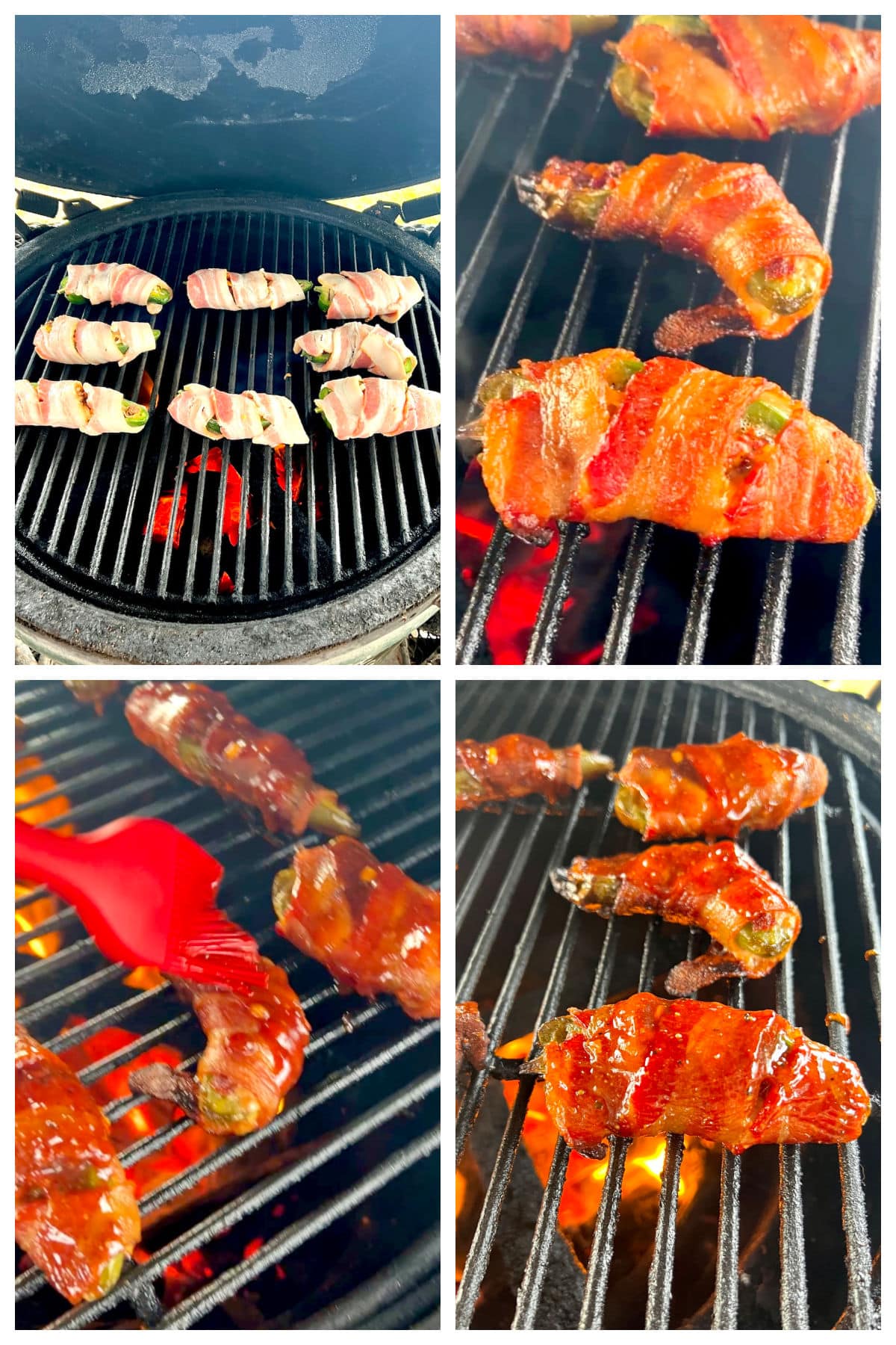 Collage: grilling jalapeno poppers, brushing with bbq sauce.