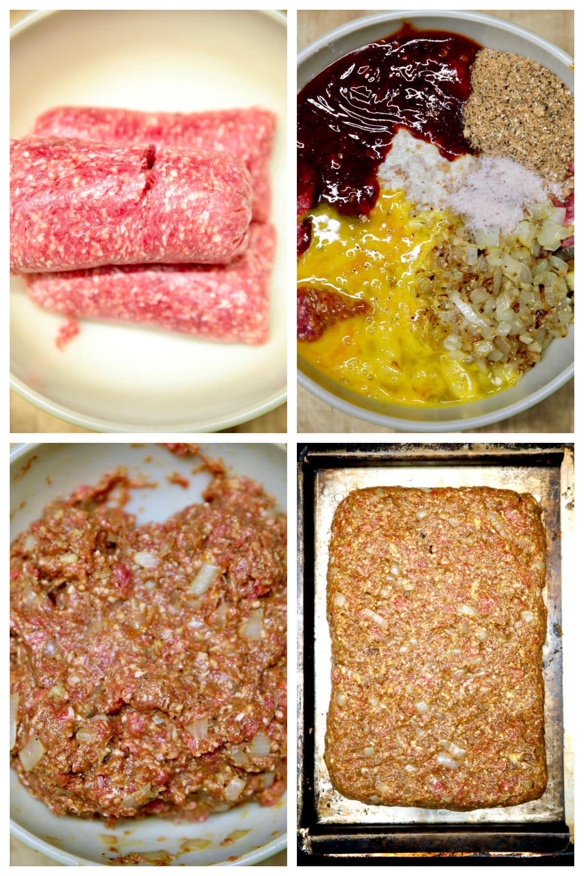 Collage mixing ground beef meatloaf mixture.