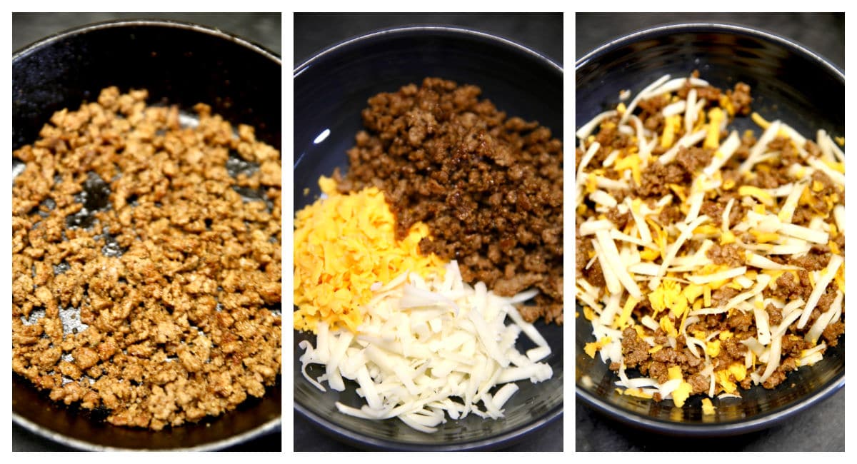 Collage: browned ground beef, bowl with cheese, mixed.