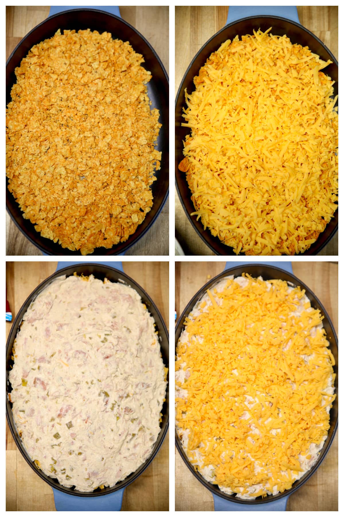 Collage layering doritos chicken casserole with cheese.