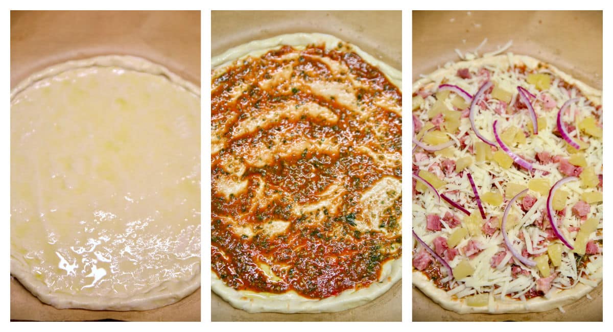 Collage: making homemade Hawaiian pizza.