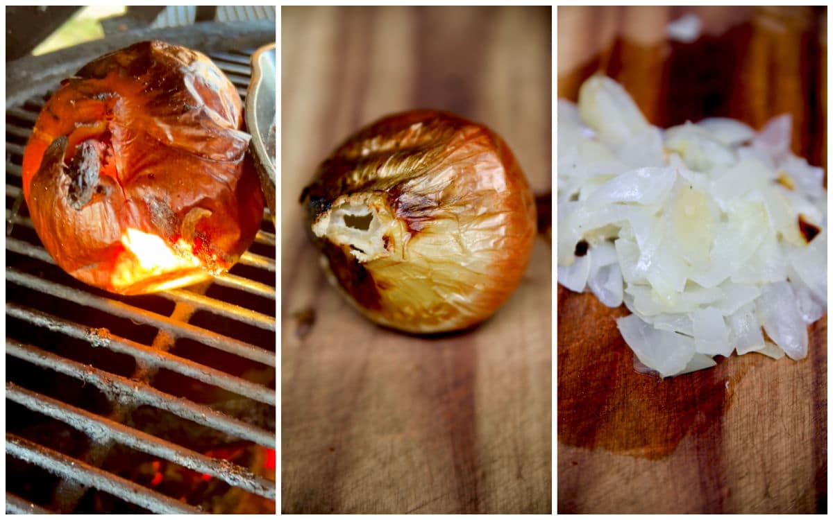 Collage: grilling whole onion, on cutting board, diced.