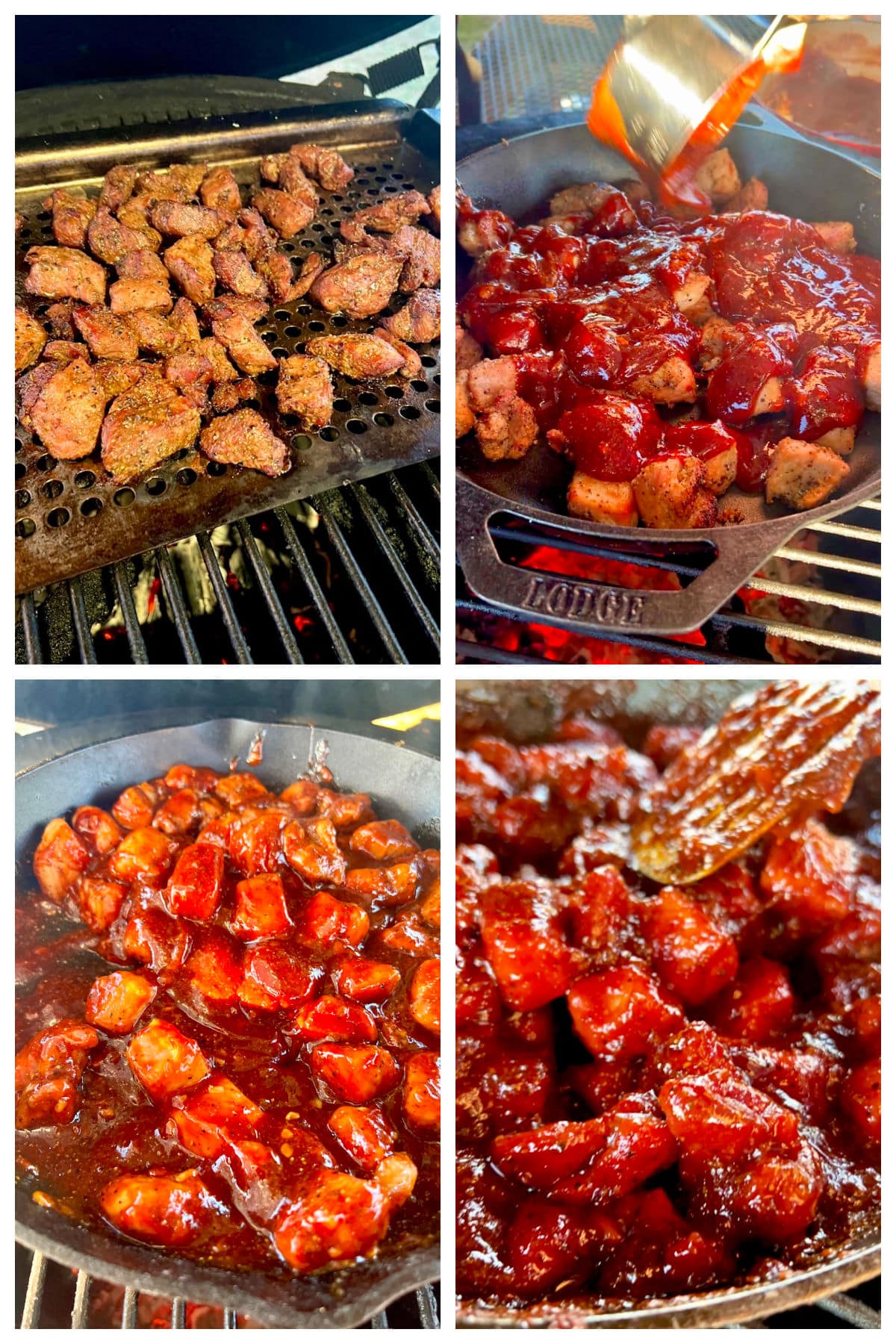 Collage: cooking pork chunks on a grill, with bbq sauce.