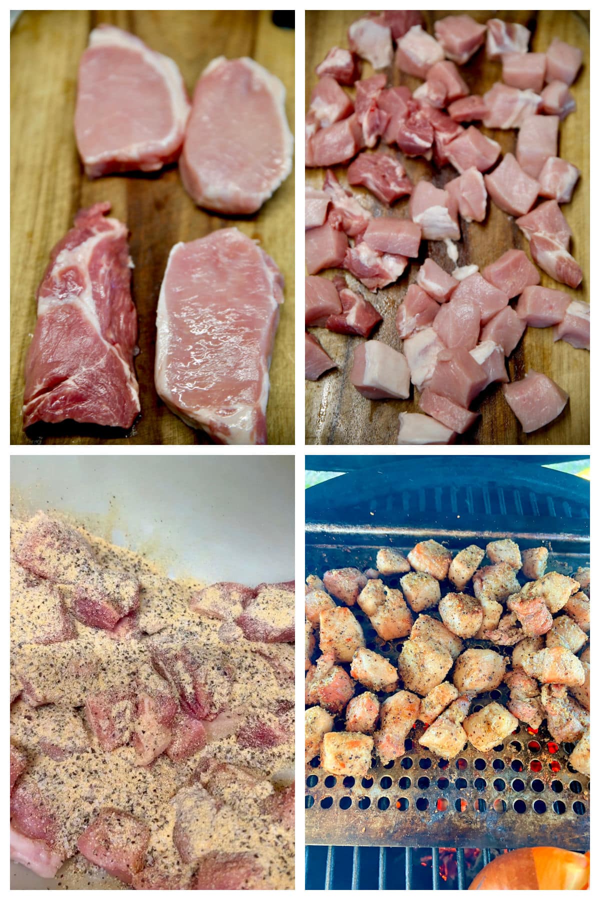 Collage: Cutting pork into chunks, seasoning, grilling.