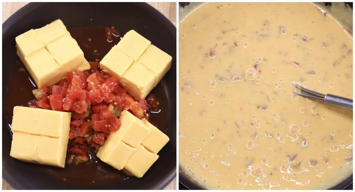Making queso with Velveeta and Rotel tomoatoes.