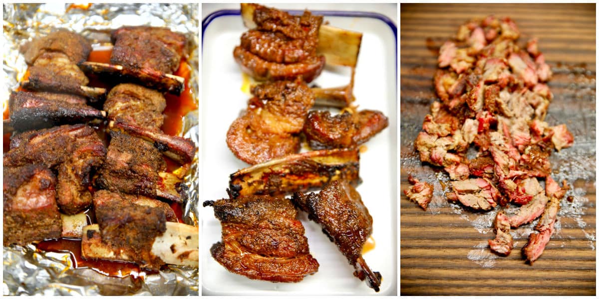 Grilled short ribs collage: foil packet, on a platter, chopped.
