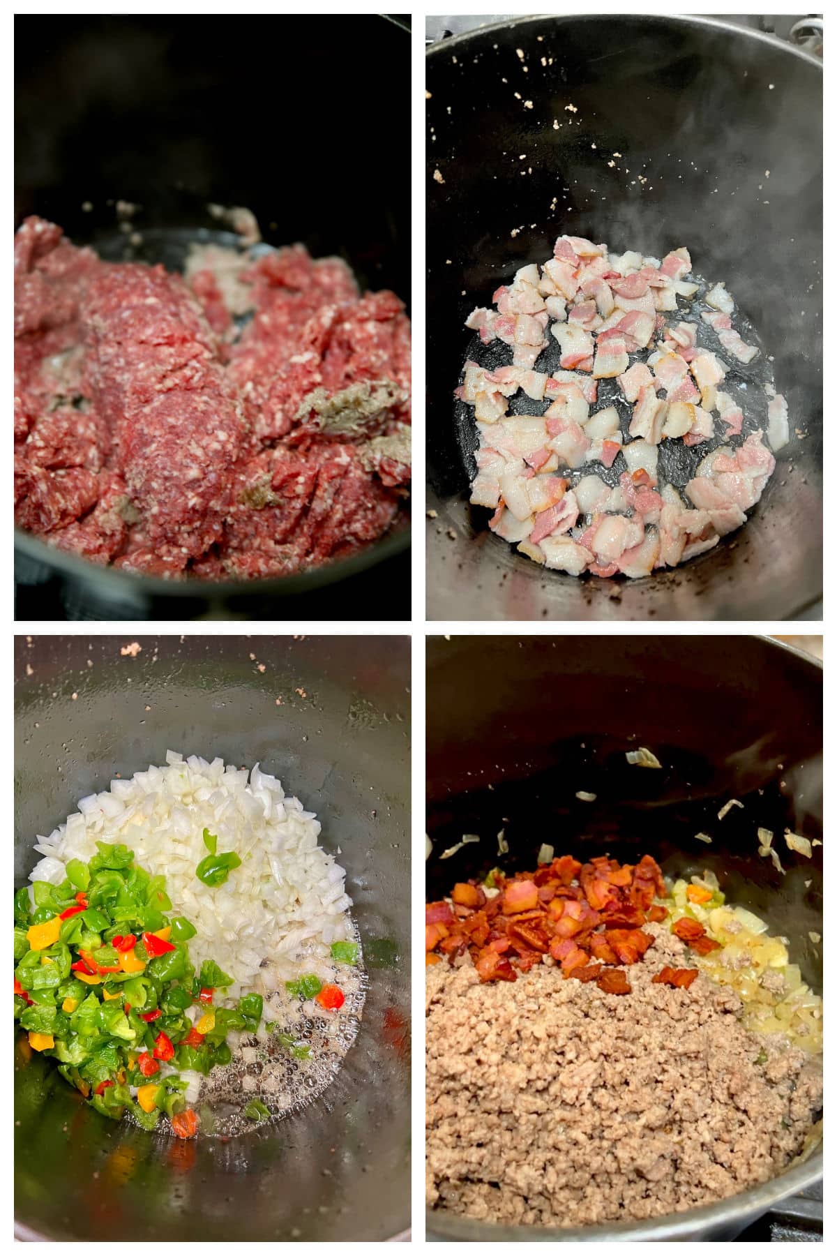 Making Texas chili collage with ground beef and veegetables.