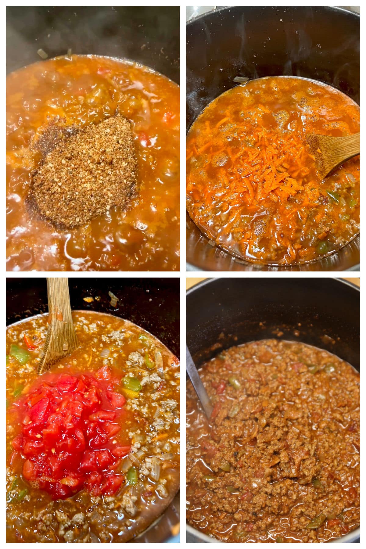 Collage making chili with diced tomatoes, ground beef.