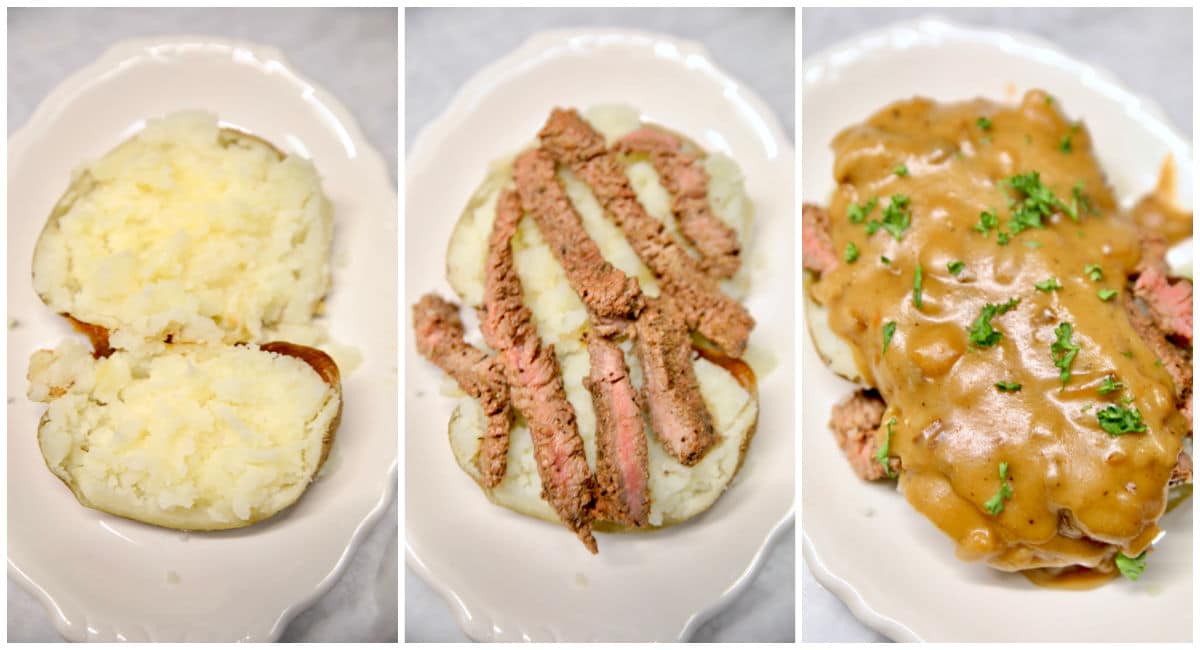 Collage topping baked potato with steak and gravy.