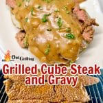 Grilled steak and gravy over baked potato/grilling steak- text overlay.