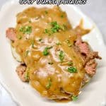 Grilled steak and gravy baked potatoes - text overlay.