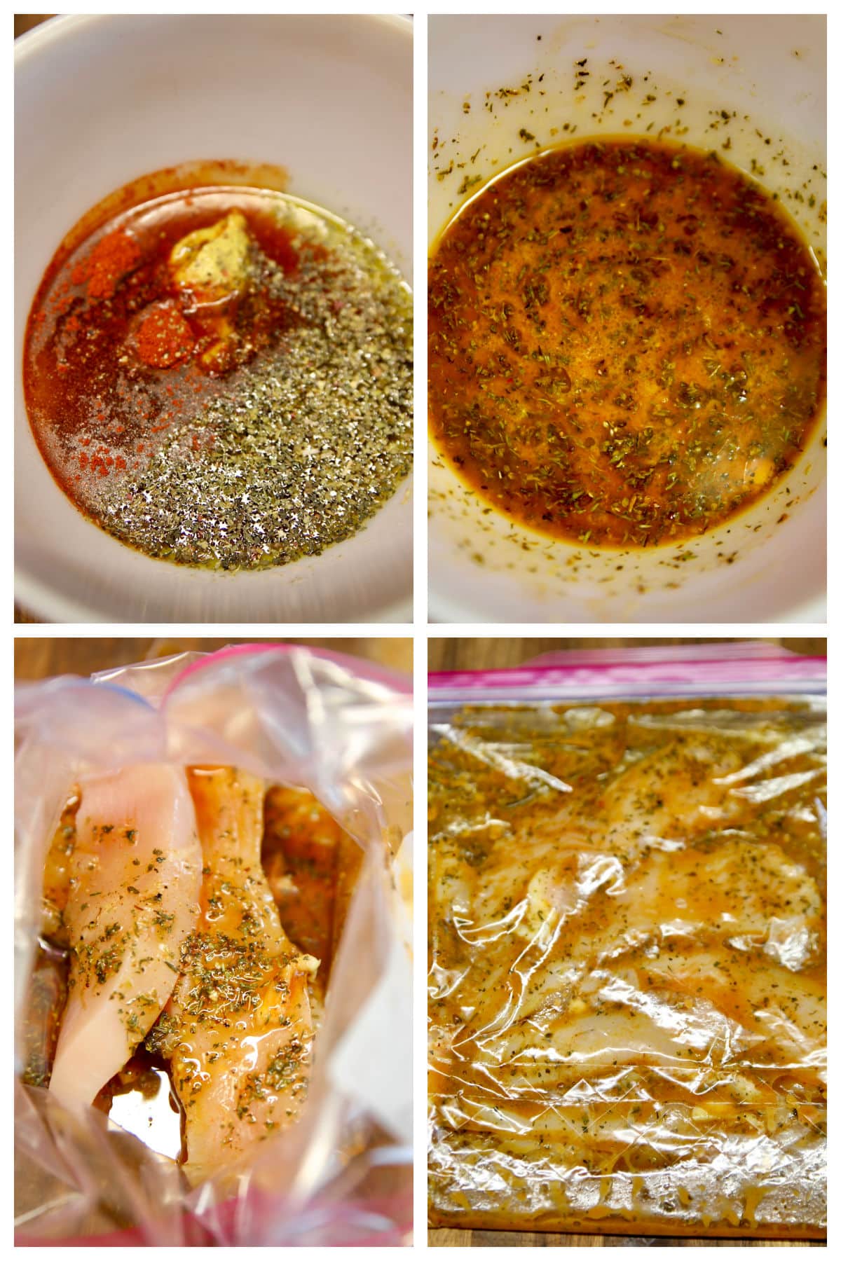 Collage: marinating chicken. 