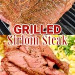 Collage of grilling sirloin steak/sliced on a plate.