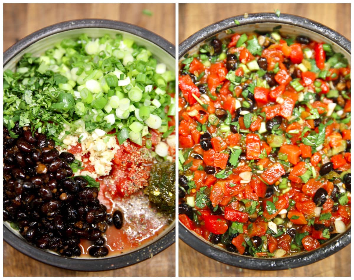 Collage: making black bean salsa.