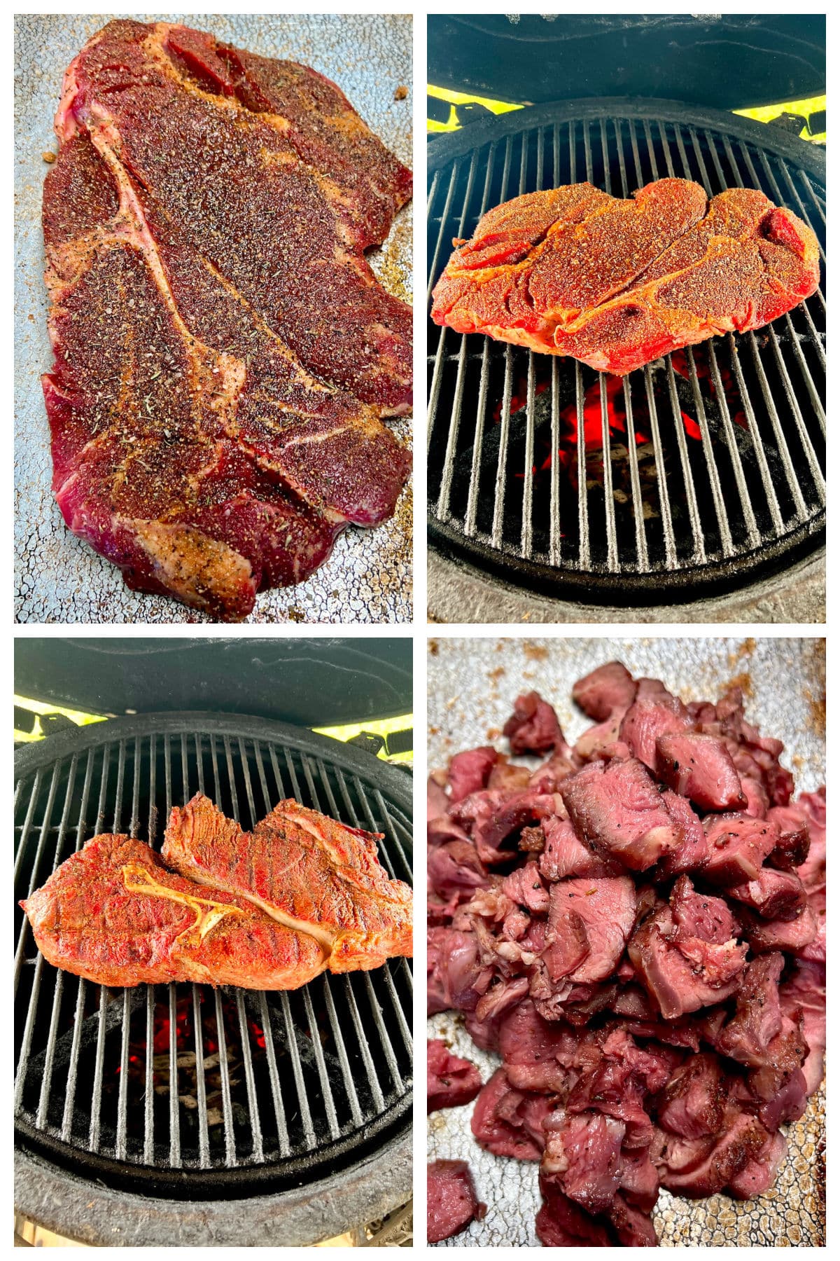Collage: seasoning, grilling chuck roast, chopped.