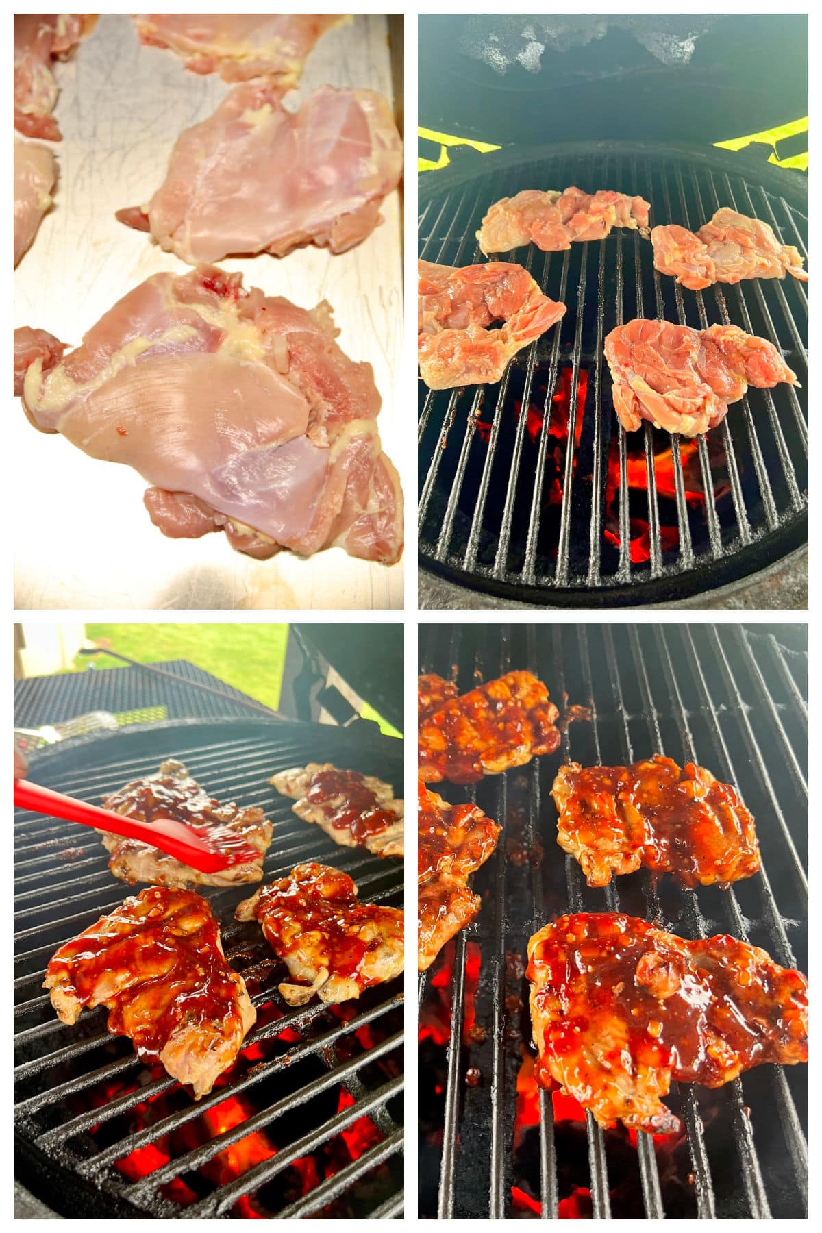 Collage: chicken thighs, grilling with bbq sauce.