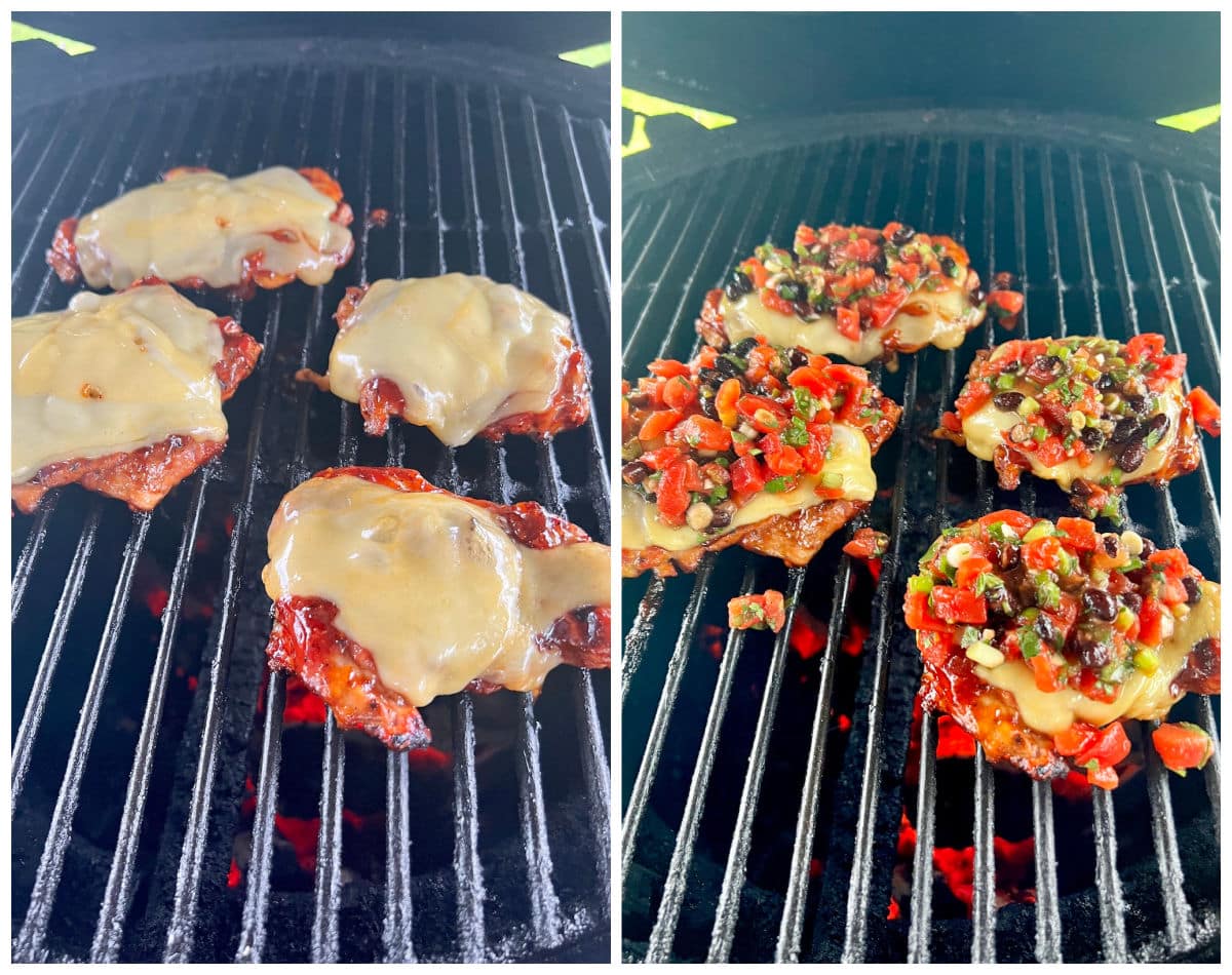 Collage: Grilling chicken with bbq sauce, cheese, salsa.