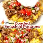 Collage: grilled chuck roast loaded smashed potatoes.