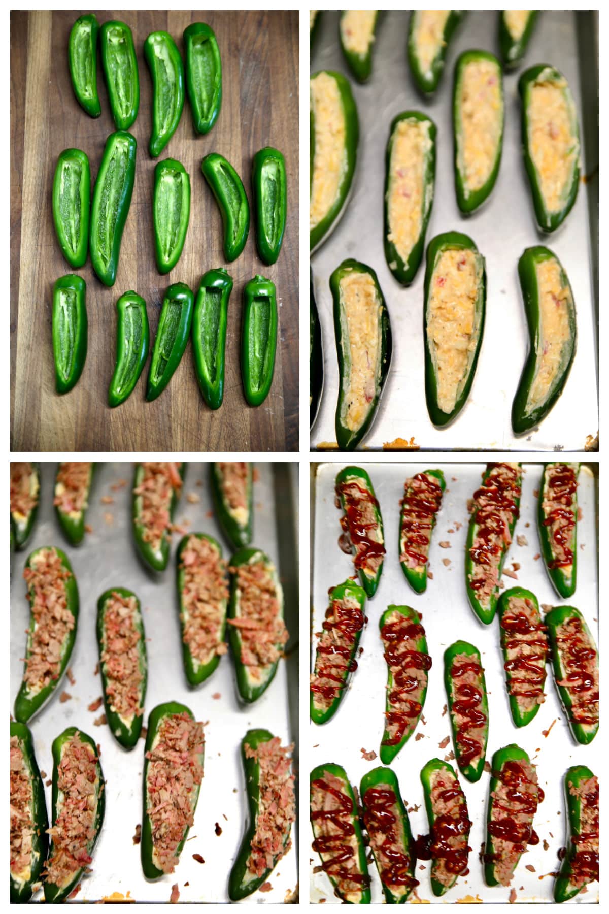 Collage: making jalapeno poppers with pimento cheese and brisket.