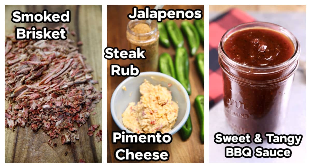 Ingredients collage for jalapeno poppers: brisket, pimento cheese, steak rub, bbq sauce.