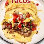 Short Rib Tacos on a plate with salsa - text overlay.