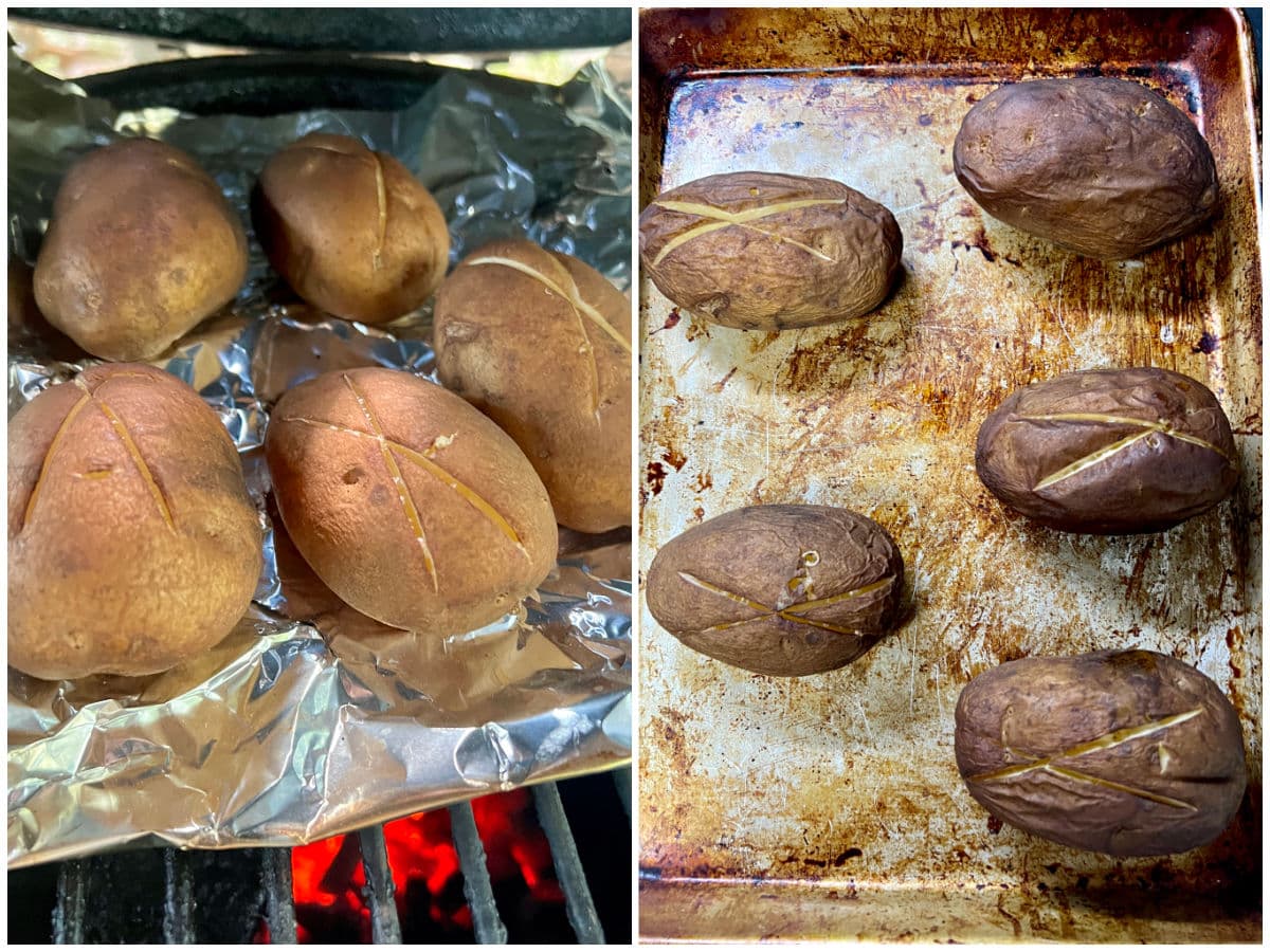 Cooking baked potatoes on a grill - placed on a sheet pan.