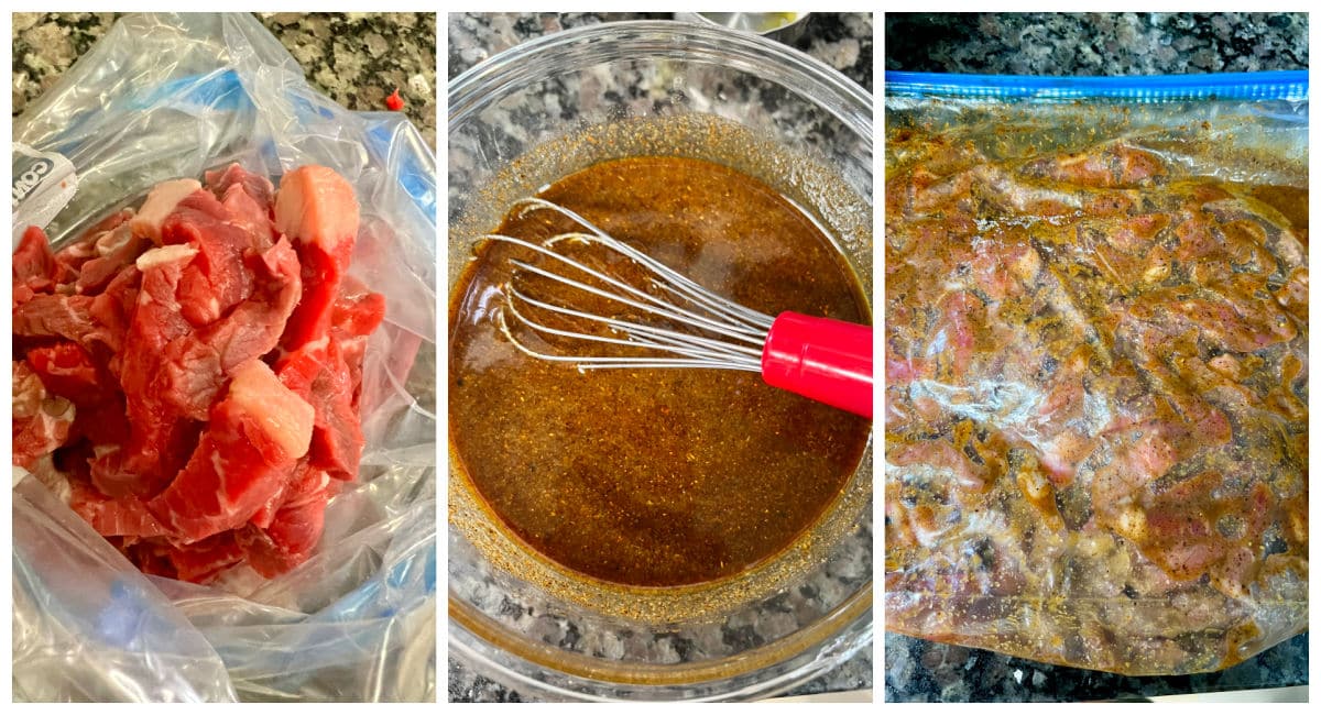 Collage marinating sliced steak with fajita marinade.