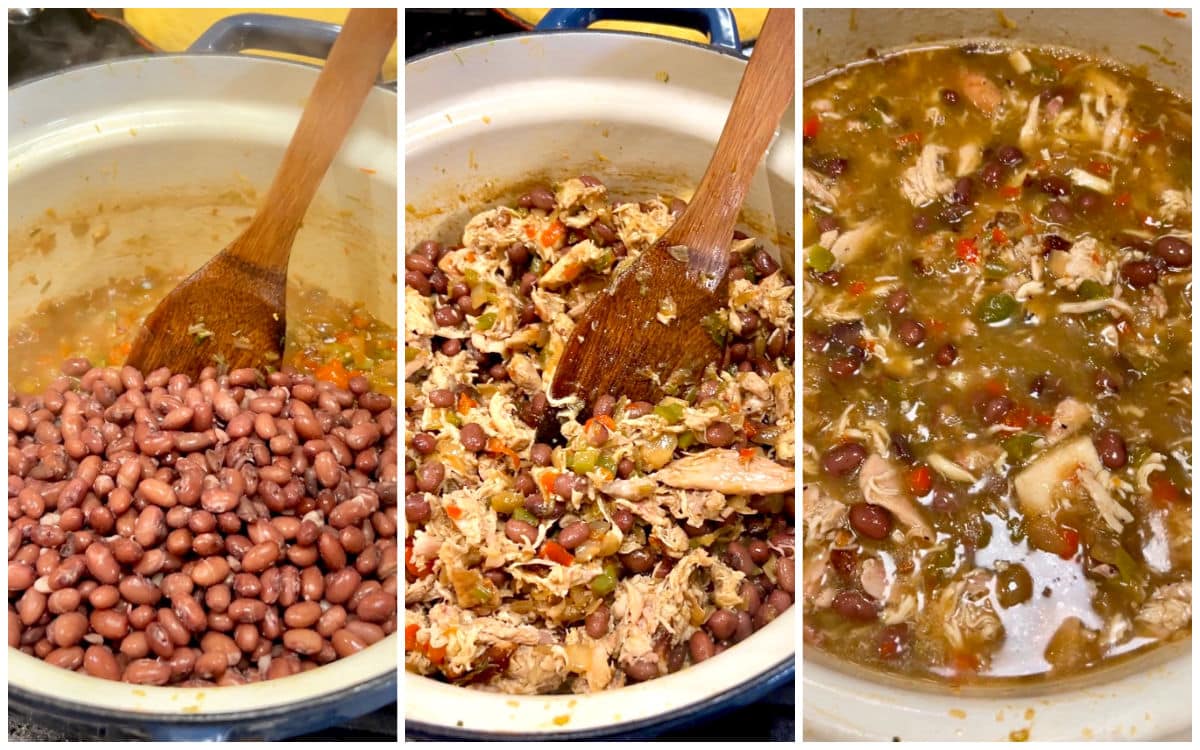 Collage adding beans, chicken and broth to soup pan.