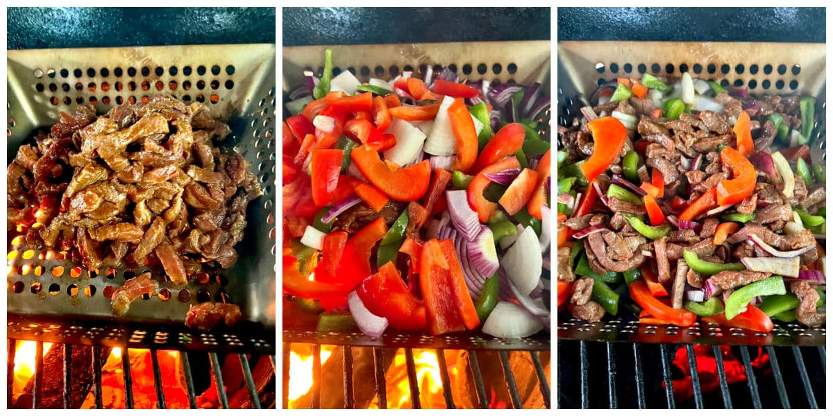 Cooking beef fajitas in a grill pan on a grill.