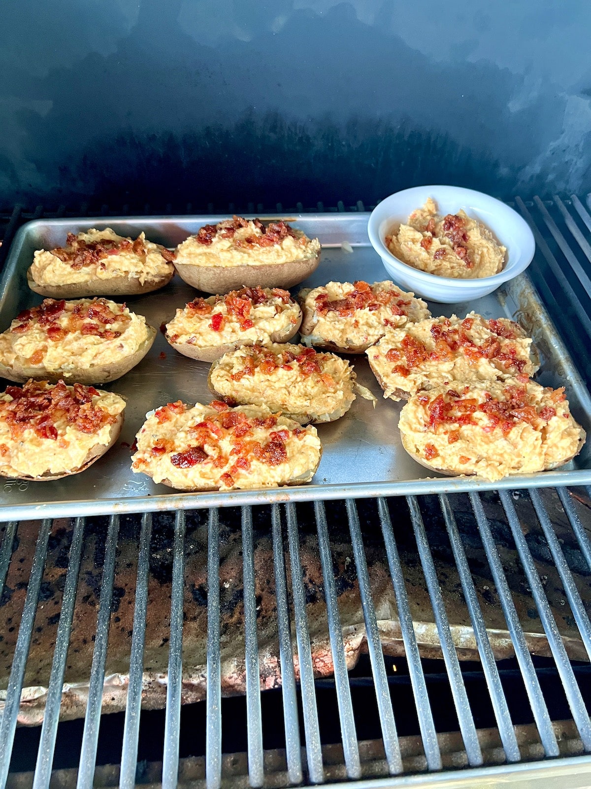 Cooking twice baked potatoes on a pellet grill. 