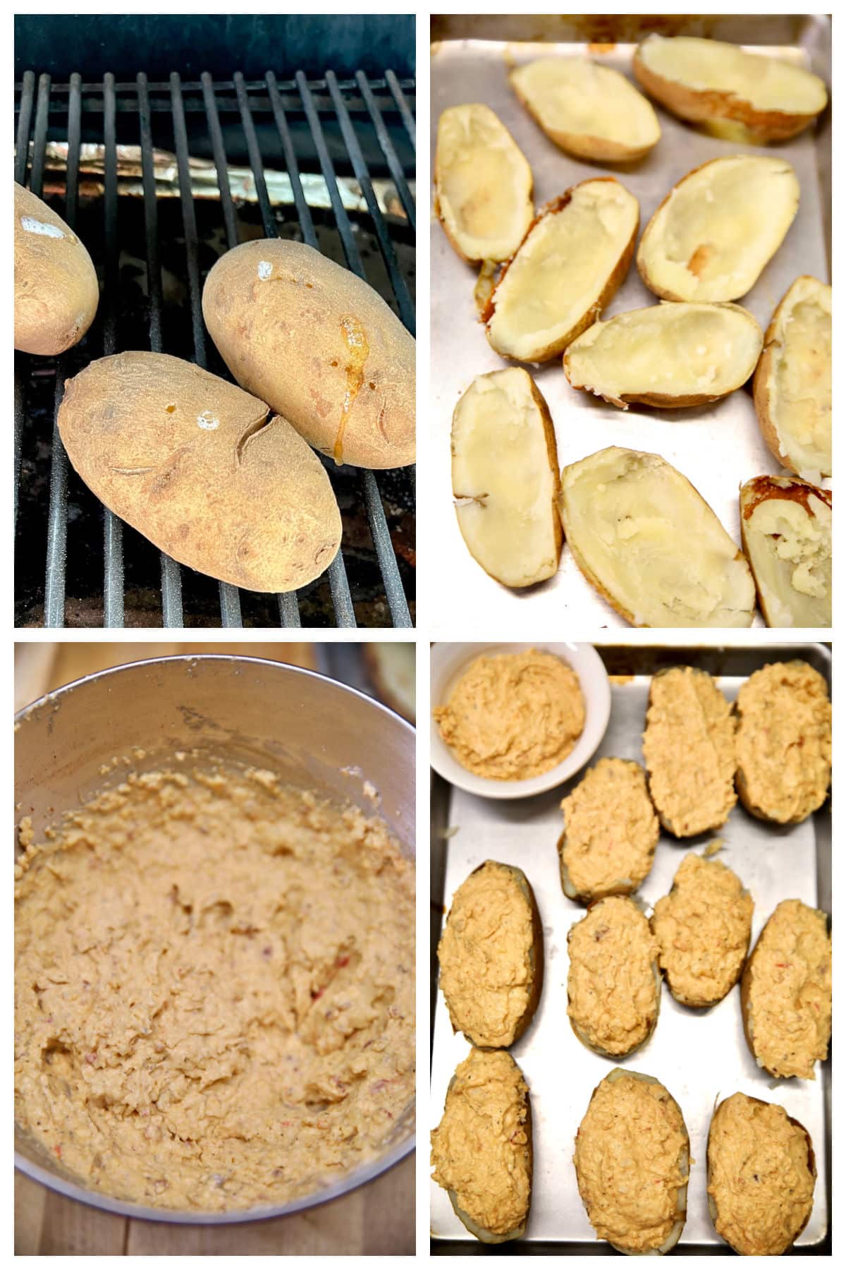 Collage making twice baked potatoes on a grill.