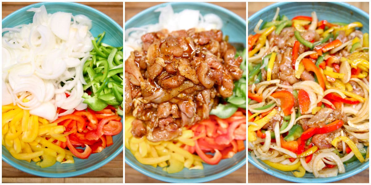 Collage: sliced onions and peppers, with marinated chicken, mixed.