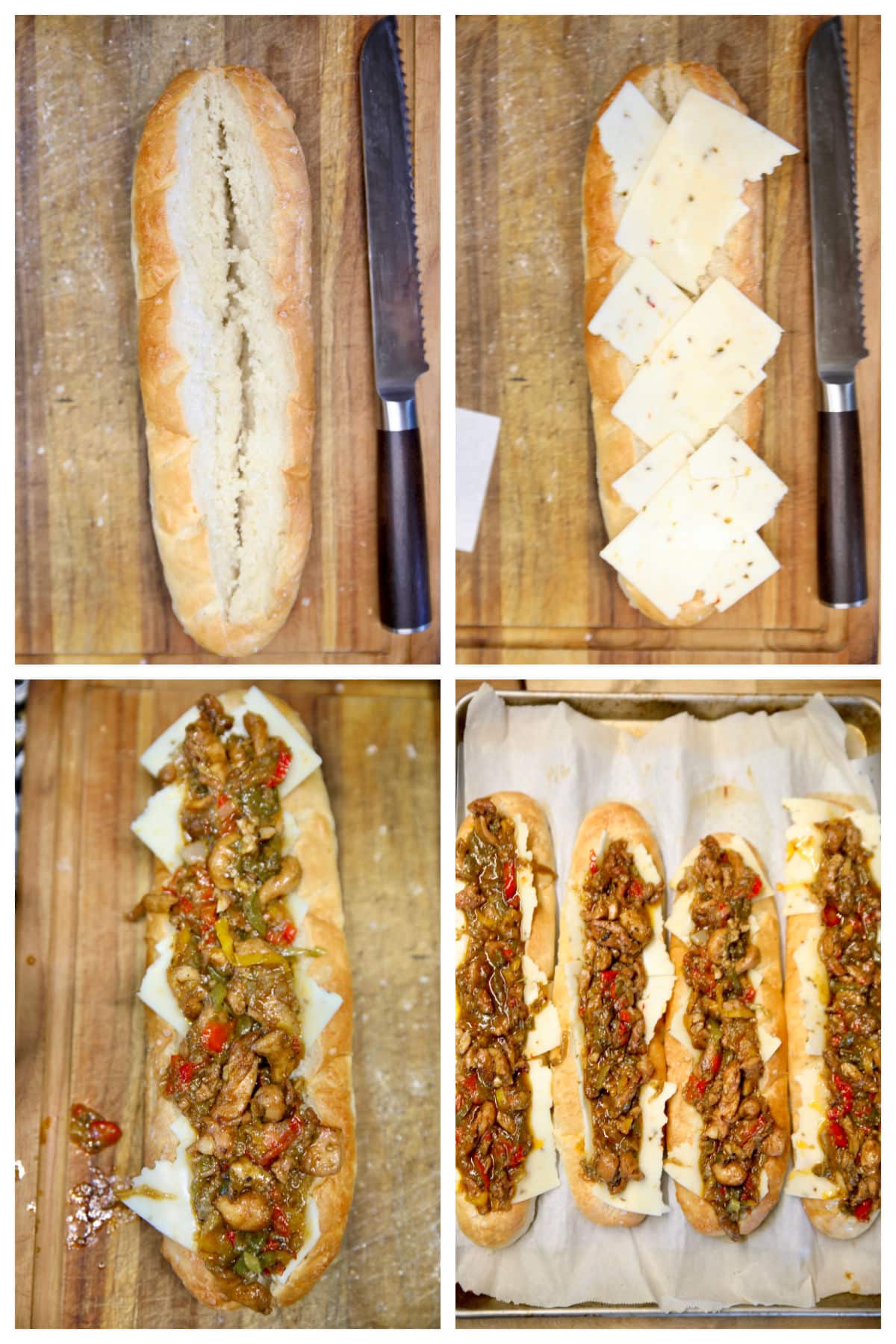 Collage: making chicken fajita sandwiches.